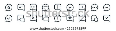 modern communication and chat icon pack. perfect for linear ui designs featuring vector approve, comment, hidden, rating, warning, chat, cancel and more icons for mobile and web apps.