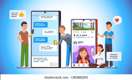 Modern communication concept design. People man, woman, teen boys, girls using apps, chatting, messaging, making social network blog posts, taking photos & selfies. Flat vector character illustration