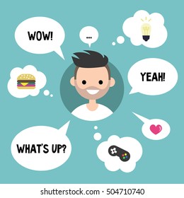 Modern communication concept: Happy bearded man surrounded by speaking and thinking bubbles / flat editable vector illustration
