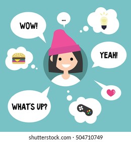 Modern communication concept: Happy girl surrounded by speaking and thinking bubbles / flat editable vector illustration