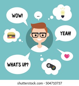 Modern communication concept: Happy nerd surrounded by speaking and thinking bubbles / flat editable vector illustration