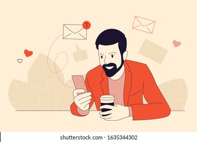 Modern communication concept. Man chatting, messaging using chat app or social network on mobile phone. Conversation sending messages.  Flat hand drawn style vector illustration.