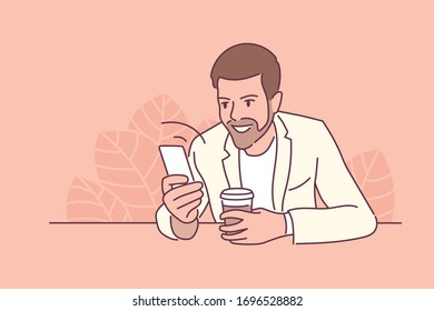 Modern communication concept. Man chatting, messaging using chat app or social network on mobile phone. Conversation sending messages. Flat hand drawn style vector illustration. Pink background.