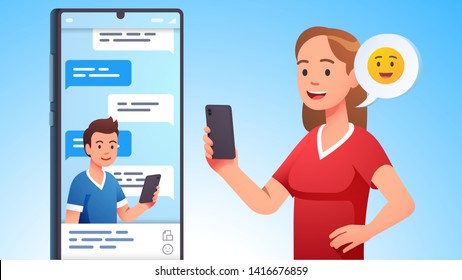 Modern communication concept. Man and woman couple chatting, messaging using chat app or social network on mobile phone. Two persons cellphone conversation sending messages. Flat vector illustration