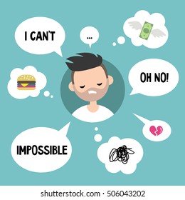 Modern communication concept: Unhappy bearded man surrounded by speaking and thinking bubbles / flat editable vector illustration