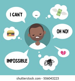 Modern communication concept: Unhappy black man surrounded by speaking and thinking bubbles / flat editable vector illustration