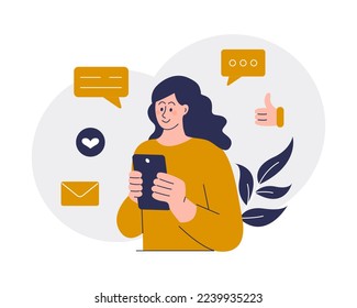 Modern communication concept. Woman with smartphone in his hand communicates on social networks. Messenger and dating app. Internet and modern technologies. Vector flat illustration.