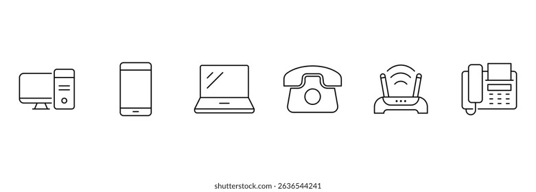 Modern communication and digital device line icon pack with desktop laptop phone router mobile fax vector illustration technology symbol collection.