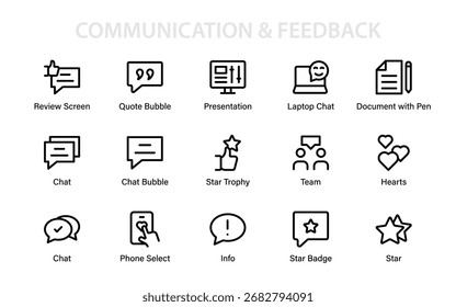 Moderna comunicação e feedback ícone definido com bate-papo, telefone, revisão, crachá estrela, troféu, documento, trabalho em equipe, laptop e símbolos de apresentação