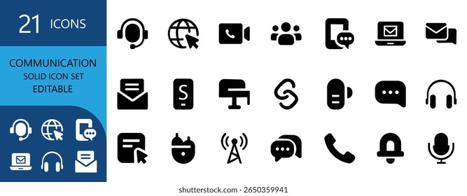 Modern communication icon set with chat, video call, email, support, voice chat, online meeting, mobile, network, message, and media icons.