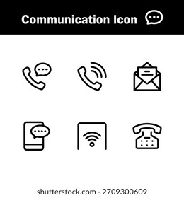 Modern communication icon set featuring chat, messages, calls, signals, connections, and social interaction symbols perfect for apps, websites, and marketing designs.