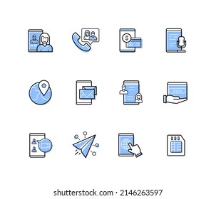 Modern communication - modern line design style icons set with editable stroke. Internet, online messengers, phone calls, podcast, social networks, video chat, smartphone, laptop, technical devices