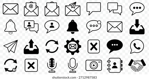Conjunto moderno de iconos de interfaz de usuario de comunicación y mensajería, correo electrónico, chat y símbolos de notificación. Conjunto de iconos de Vector de mensaje de correo. Conjunto de Vectores de icono de mensaje de chat. Contiene burbuja de diálogo, conversación, texto de diálogo