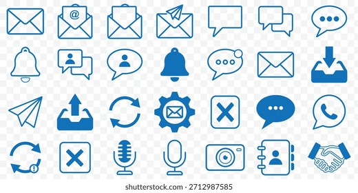 Conjunto moderno de iconos de interfaz de usuario de comunicación y mensajería, correo electrónico, chat y símbolos de notificación. Conjunto de iconos de Vector de mensaje de correo. Conjunto de Vectores de icono de mensaje de chat. Contiene burbuja de diálogo, conversación, texto de diálogo