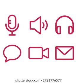 Video Comunicación moderna y conjunto de iconos multimedia con micrófono, altavoz de audio, auriculares, burbuja de chat, cámara y sobre de correo electrónico