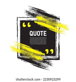 Marco de comillas de comunicación moderna sobre blanco con trazo abstracto de pincel amarillo y negro