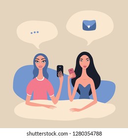 Modern communication technology concept People messaging using mobile phones Cute unique design Two girls Asian Caucasian Friends Girlfriends portrait chatting messaging texting isolated white