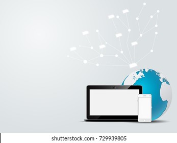 Modern communication technology with globes and electrical devices, vector illustration.