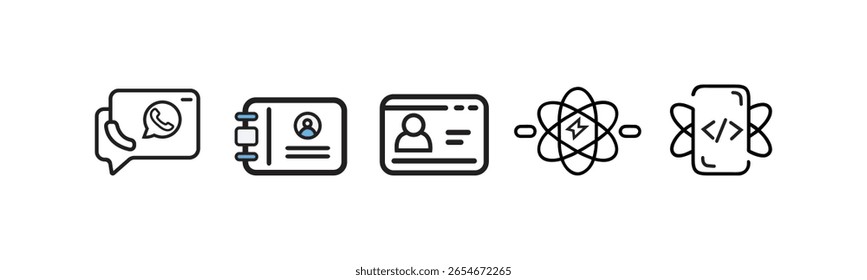 Ícones modernos de comunicação e tecnologia para um mundo digital Esta imagem mostra uma coleção de ícones simples, de arte linear, representando vários aspectos da comunicação e tecnologia modernas.