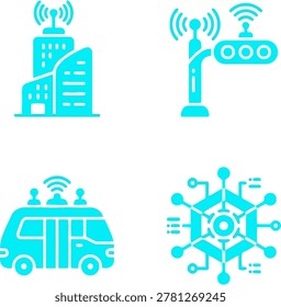 Modern communication technology icons showcasing buildings, antennas, vehicles, and networks