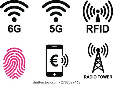 Modern communication technology icons showing 5G and 6G networks, RFID system, fingerprint recognition, mobile payment, and radio tower signals.