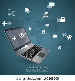 Modern communication technology illustration with laptop and high tech background 