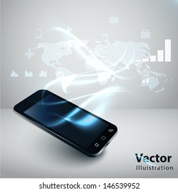 Modern communication technology illustration with mobile phone and high tech background 