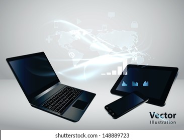 Modern communication technology illustration with mobile phone, tablet, laptop and high tech background 