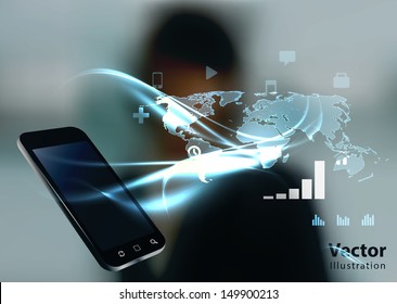 Modern communication technology illustration with mobile phone and high tech business background 