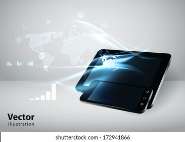 Modern communication technology illustration with mobile phone, tablet and high tech background 