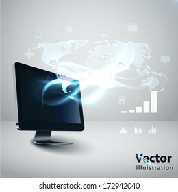 Modern communication technology illustration with pc and high tech background 