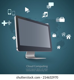 Modern communication technology illustration with pc monitor and high tech background 