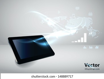 Modern communication technology illustration with tablet and high tech background 