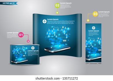 Modern Communication Technology With Mobile Phone And High Tech Background, With Trade Exhibition Stand Booth Display Roll Up Banner And Counter, Vector Illustration Modern Template Design