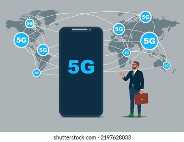 Modern communication technology mobile phone high tech, wide web connection concept.  5g data plan provider. Vector illustration.