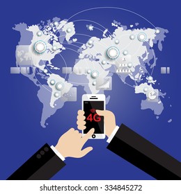 Modern communication technology mobile phone high tech, wide web connection concept. Hand holding white smartphone connected browsing internet worldwide world map background. 4g data plan provider