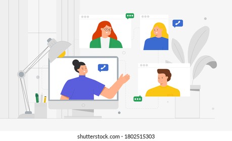 Moderno concepto de videollamada de vector de comunicación de moda. Jóvenes y mujeres que usan videollamadas y mensajes de mensajería de aplicaciones de internet en laptop o smartphone. Estilo de caricatura plano.
