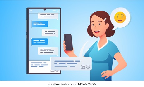 Modern communication. Woman chatting messaging using chat app or social network on mobile phone. Cellphone conversation person sending messages. Flat vector character concept illustration