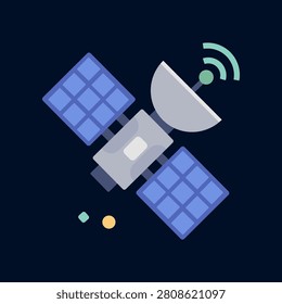 Modern communiction satellite with solar panels nd wireless signal antenna illustrated in flat vector style. Idela for technology, telecommunications, GPS navigation, satellite internet, aeroscope, STEM education, space exploration, websites, mobile apps, presentations, and digital projects.