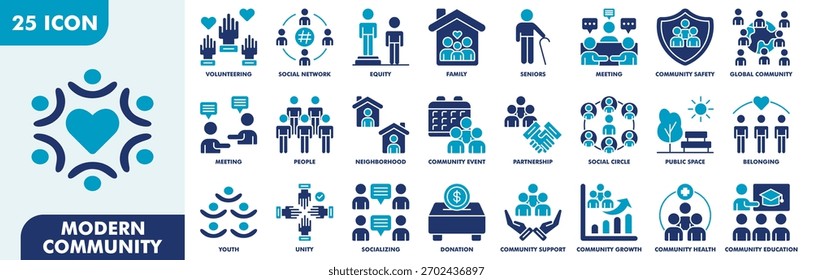 Coleção de Conjuntos de Ícones da Comunidade Moderna. Consiste Em Voluntariado, Rede Social, Equidade, Família, Idosos, Reunião, Segurança Comunitária, Comunidade Global. Ilustração simples de vetor plano.