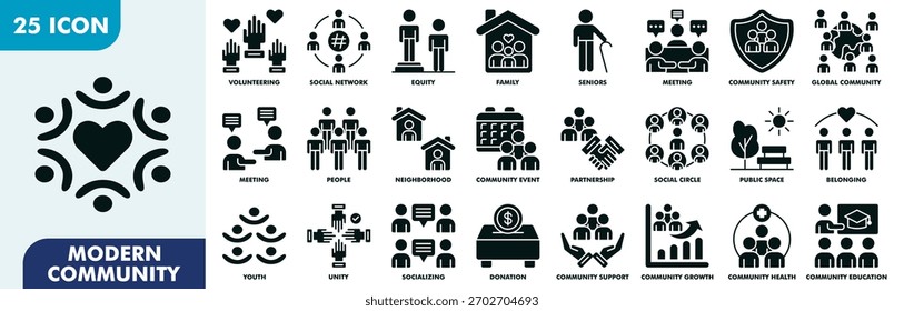Colección moderna del conjunto de iconos de la comunidad. Consta De Voluntariado, Red Social, Equidad, Familia, Personas Mayores, Reunión, Seguridad Comunitaria, Comunidad Global. Simple Ilustración vectorial de glifos.