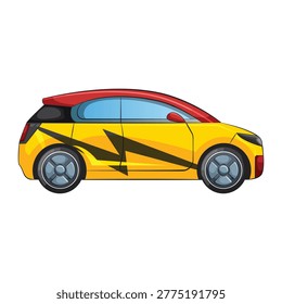 Modern Compact Car with Yellow Lightning Graphic Design Vector