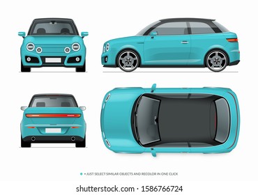 Modern compact city car mockup. Side, top, front and rear view of realistic small noname car isolated on white background. Easy to recolor in one click