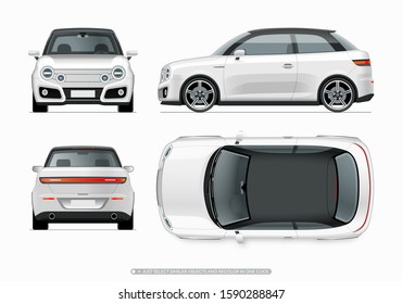 Modern compact city car mockup. Side, top, front and rear view of realistic small white noname car isolated on white background. Easy to recolor in one click