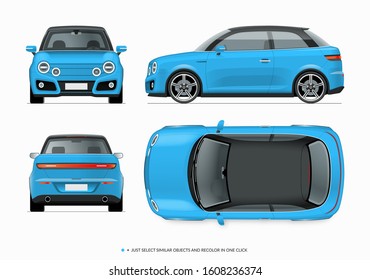 Modern compact city car mockup. Side, top, front and rear view of realistic small blue noname car isolated on white background. Easy to recolor in one click