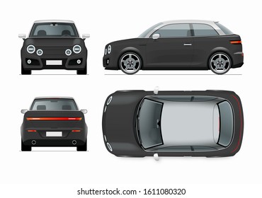 Modern compact city car mockup. Side, top, front and rear view of small black noname car isolated on white background.