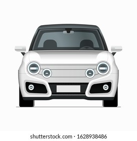 Modern compact city car mockup. Front view of realistic small white noname car isolated on white background.