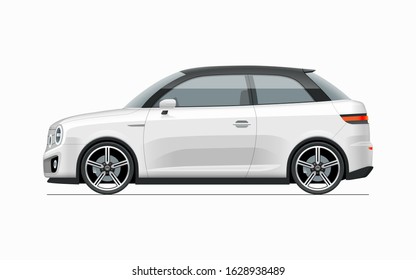 Modern compact city car mockup. Side view of realistic small white noname car isolated on white background.