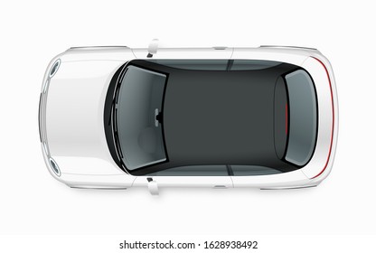 Modern compact city car mockup. Top view of realistic small white noname car isolated on white background.