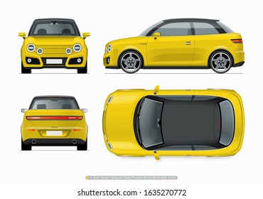 Modern compact city car mockup. Side, top, front and rear view of realistic small car isolated on white background. Easy to recolor in one click